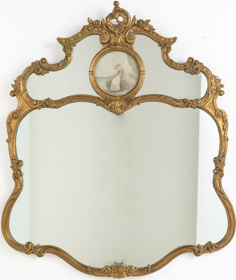 Louis XV Style Giltwood Mirror: Louis XV Style Giltwood Mirror, the shaped mirror plate within a scrolled border surmounted by a shaped cornice with central print of a woman on a coastline. MEASURMENTS: Height: 51 1/2 in. x Width: 4