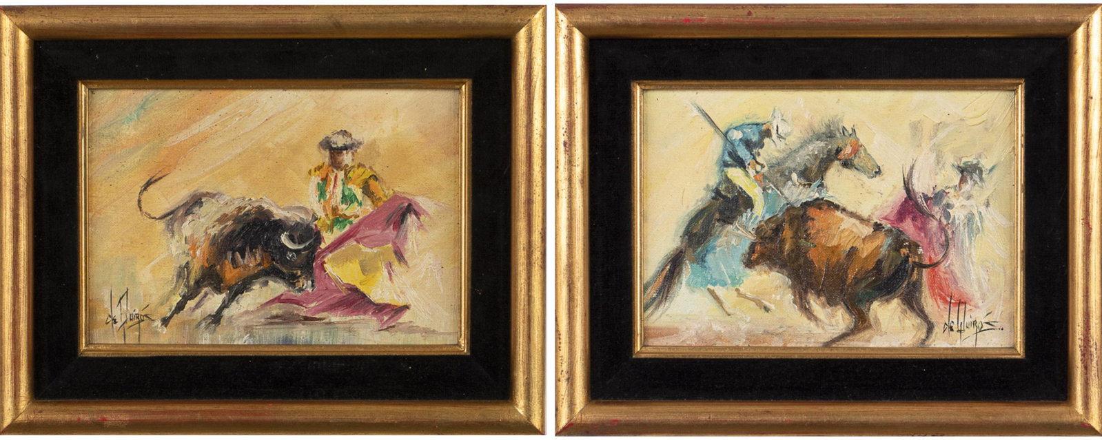 Lesver De Quiros, 2 Bull Fighting Scenes, O/B: Lesver De Quiros, Pair of Bull Fighting Scenes, Oil on Board, (Cuban, b. 1983), one titled 'El Picador' and signed lower right as well as on the back and dated '67, the other depicting a matador with 