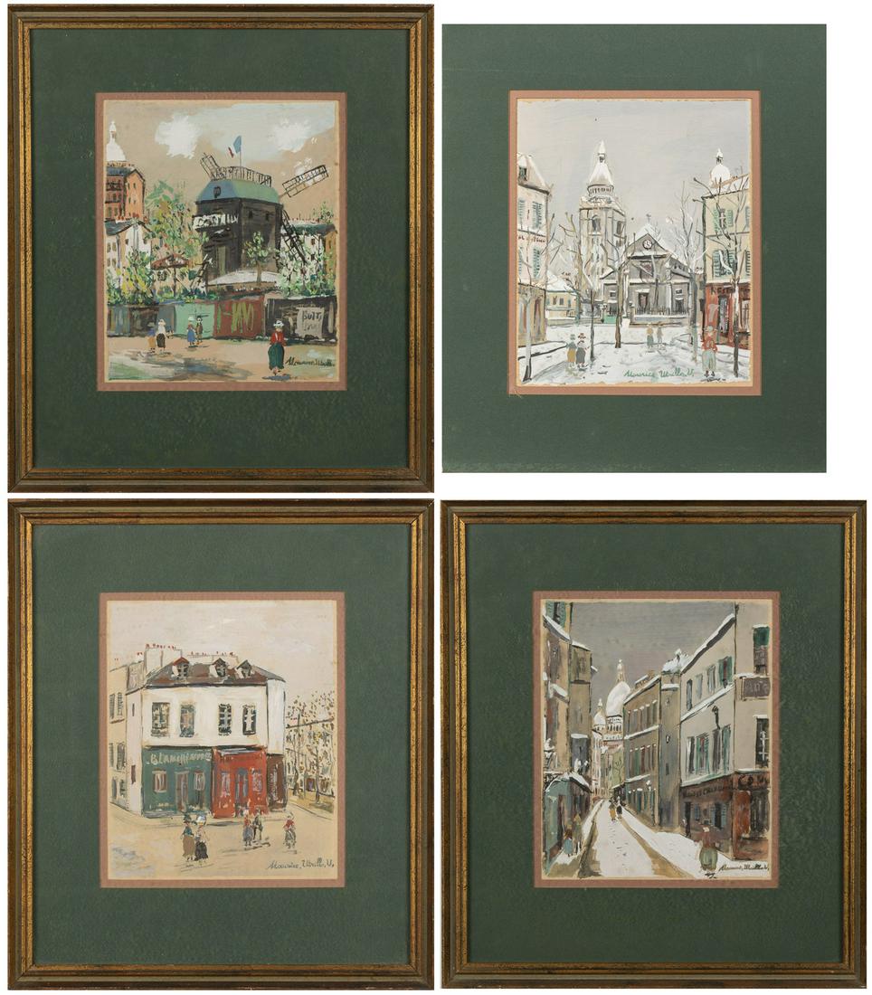 Maurice Utrillo, Four Lithographs: Maurice Utrillo, Four Lithographs, (France, 1883-1955), comprising 'La Rue Saint Rustique', 'La Moulin de la Galette', a snowy street scene, and a street scene with figures, all signed within the plat