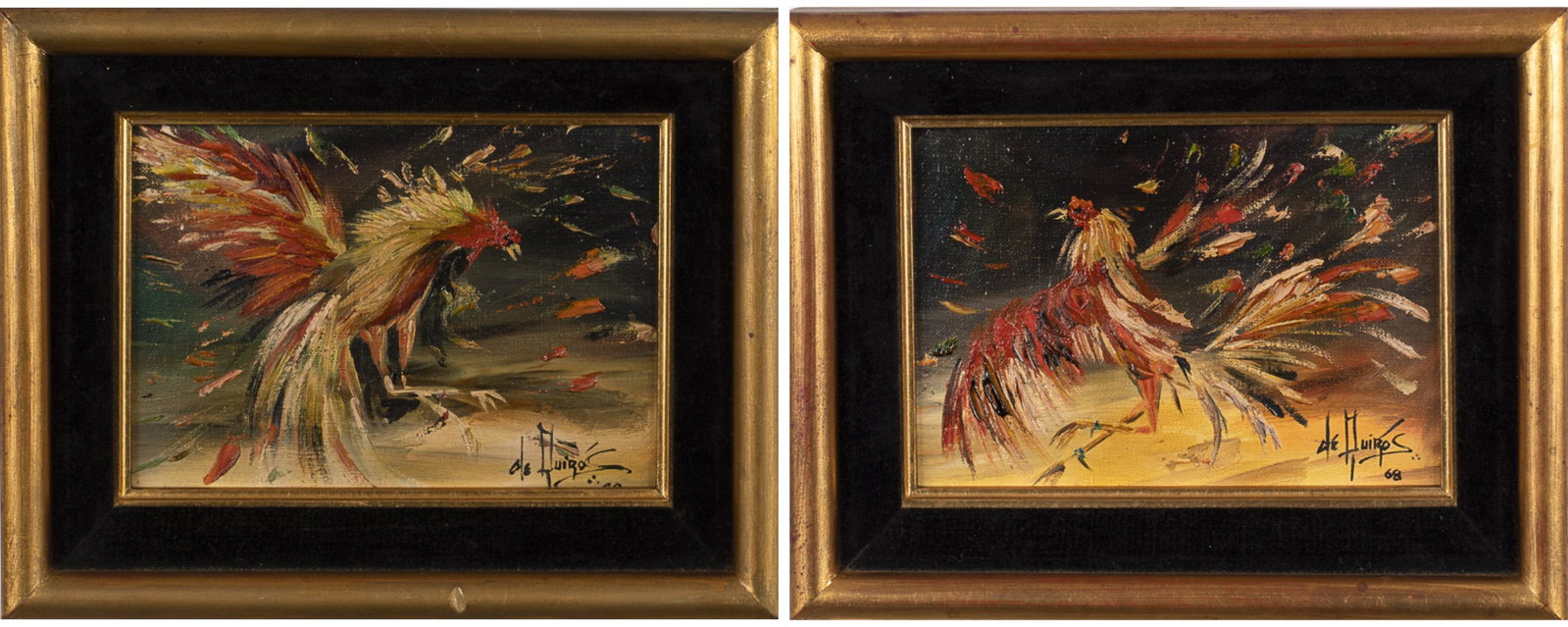 Lesver De Quiros, Pair of Fighting Cocks, O/B: Lesver De Quiros, Pair of Fighting Cocks, Oil on board, (Cuban, b. 1983), each depicting cocks with spread wings, signed and dated '69 lower right, signed and inscribed on verso, in velvet and giltwoo