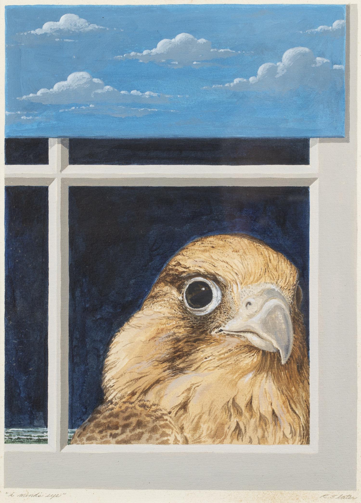 Roderick A. Slater, I Minds' Eye, Watercolor: Roderick A. Slater, I Minds' Eye, Watercolor, (Michigan/Maine, b. 1935), pencil signed 'R. Slater' lower right and titled lower left, depicting a bird looking through a window, matted and framed. Fram