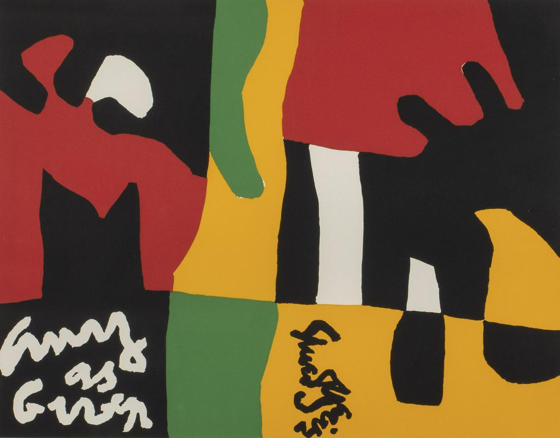 Stuart Davis, Any as Given Print, Published by: Stuart Davis, Any as Given Print, Published by Ives-Sillman, (New York, 1892 - 1964) titled and signed in print, depicting abstract shapes in red, yellow, green, white, and black, in a wood frame. Fra