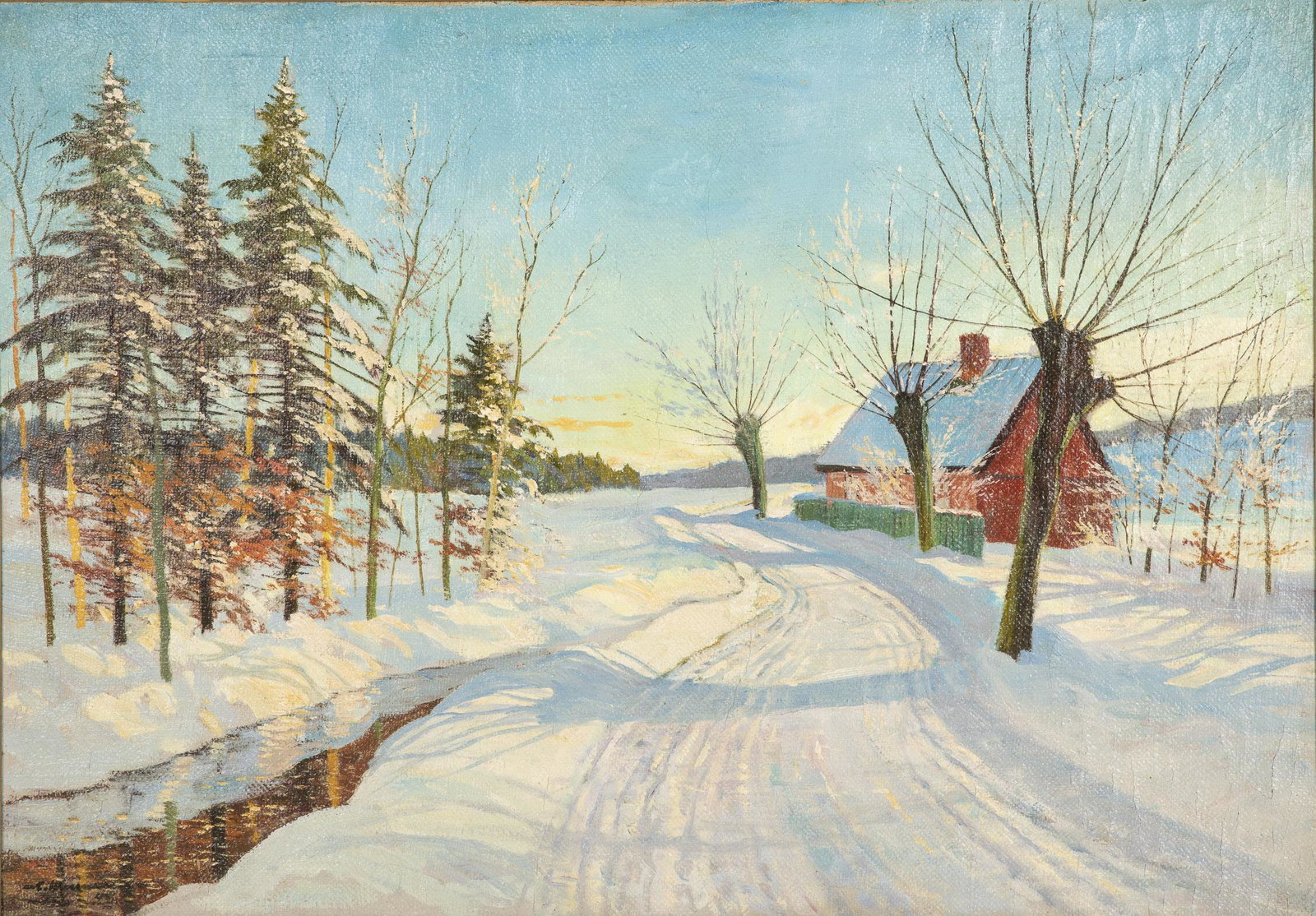 Carl Wennemoes, Snow Scene, Oil on Burlap: Carl Wennemoes, Snow Scene, Oil on Burlap, (Danish, 1890-1965) signed and dated '45, depicting a snowy street with trees and red house, in a giltwood frame. Frame size: 33 1/4 in. x 44 7/8 in. MEASURM