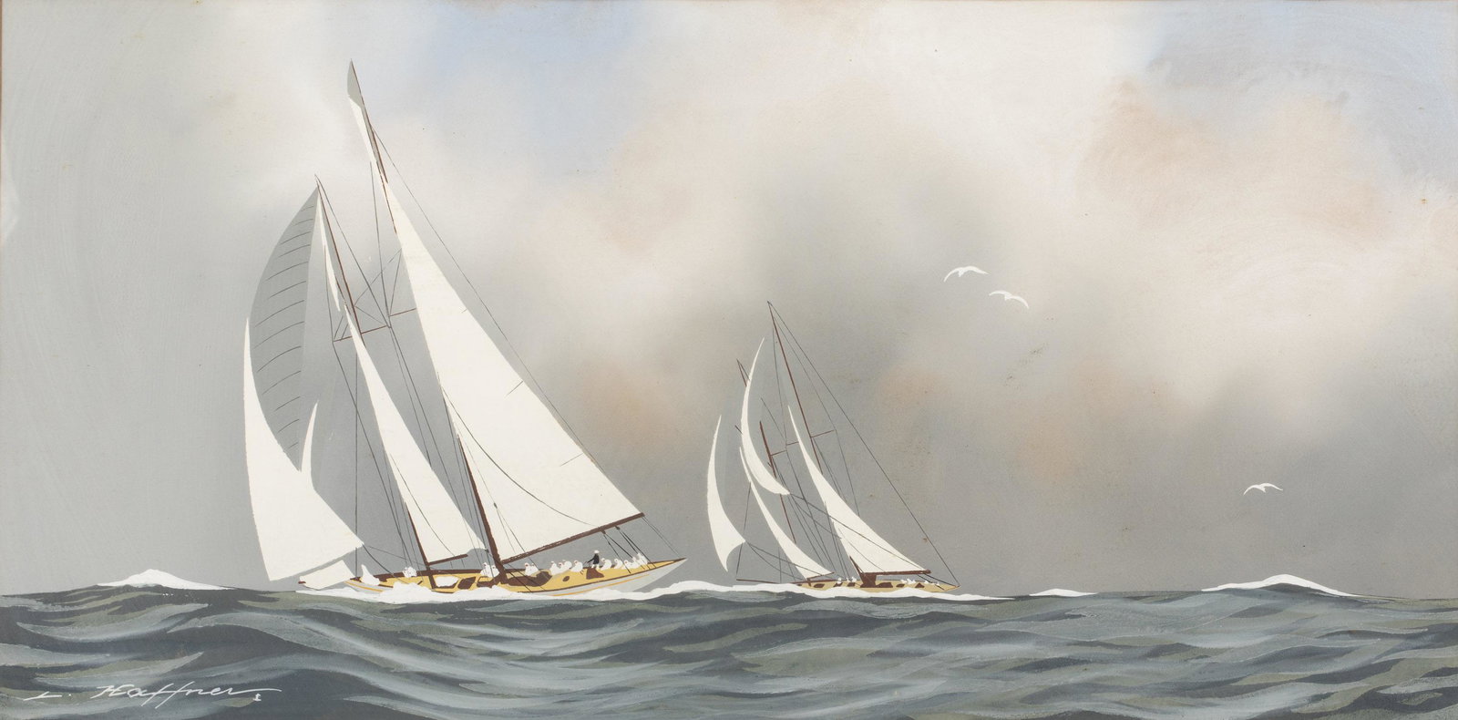 Leon Haffber, Sailboats, Gouache on Paper: Leon Haffber, Sailboats, Gouache on Paper, (French, 1881-1972), signed lower left, depicting racing sailboats, matted and framed. Frame size: 23 1/8 in. x 38 in. MEASURMENTS: Height: by sight 15 1/4 i