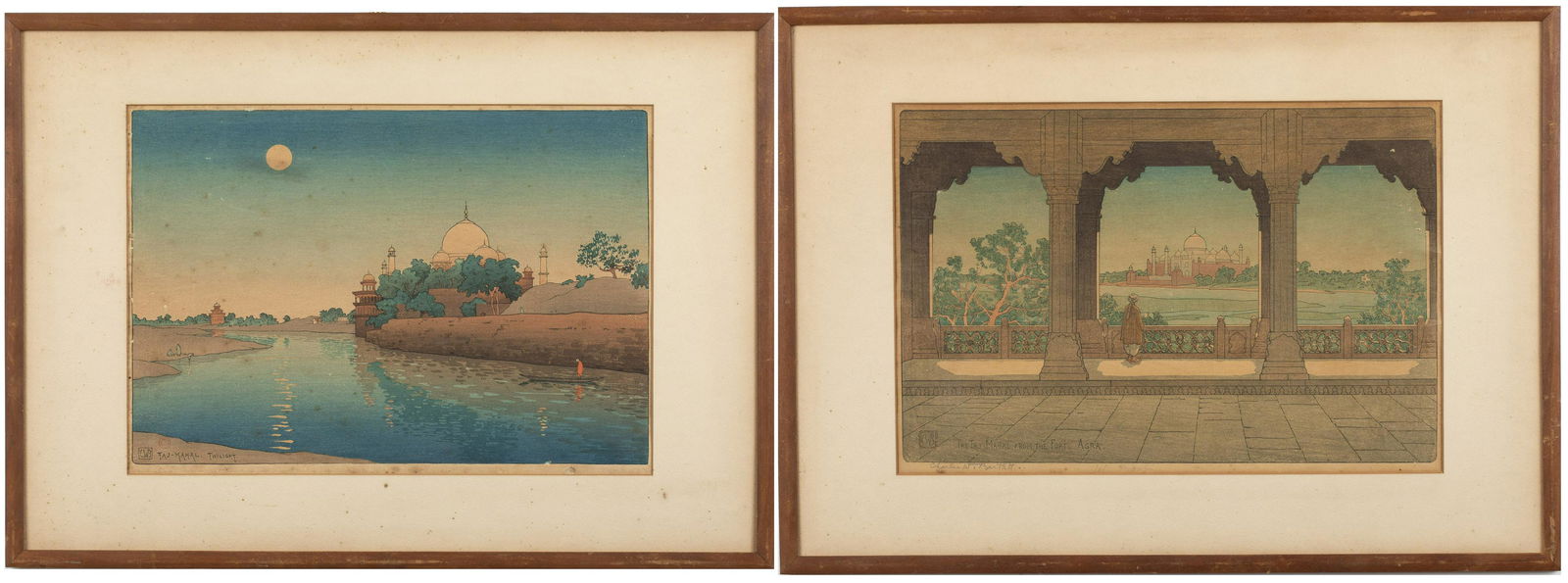 William Charles Bartlett, 2 Woodblocks of Taj Mahal: William Charles Bartlett, Two Woodblock Prints of Taj Mahal, (Hawaii, 1860-1940) one pencil signed and inscribed 1st proof, signed with monogram within the block and titled 'The Taj Mahal from the For