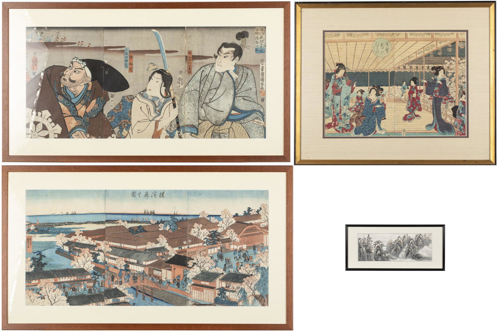 Group of 4 Framed Woodblock Prints: Group of 4 Framed Woodblock Prints, comprising Utagawa Kuniyoshi (Japanese, 1797-1861), The Night Attack: Against Enemy Troops, C. 1844 (by sight 13 1/4 in. x 28 1/2 in., holes with some restoration a