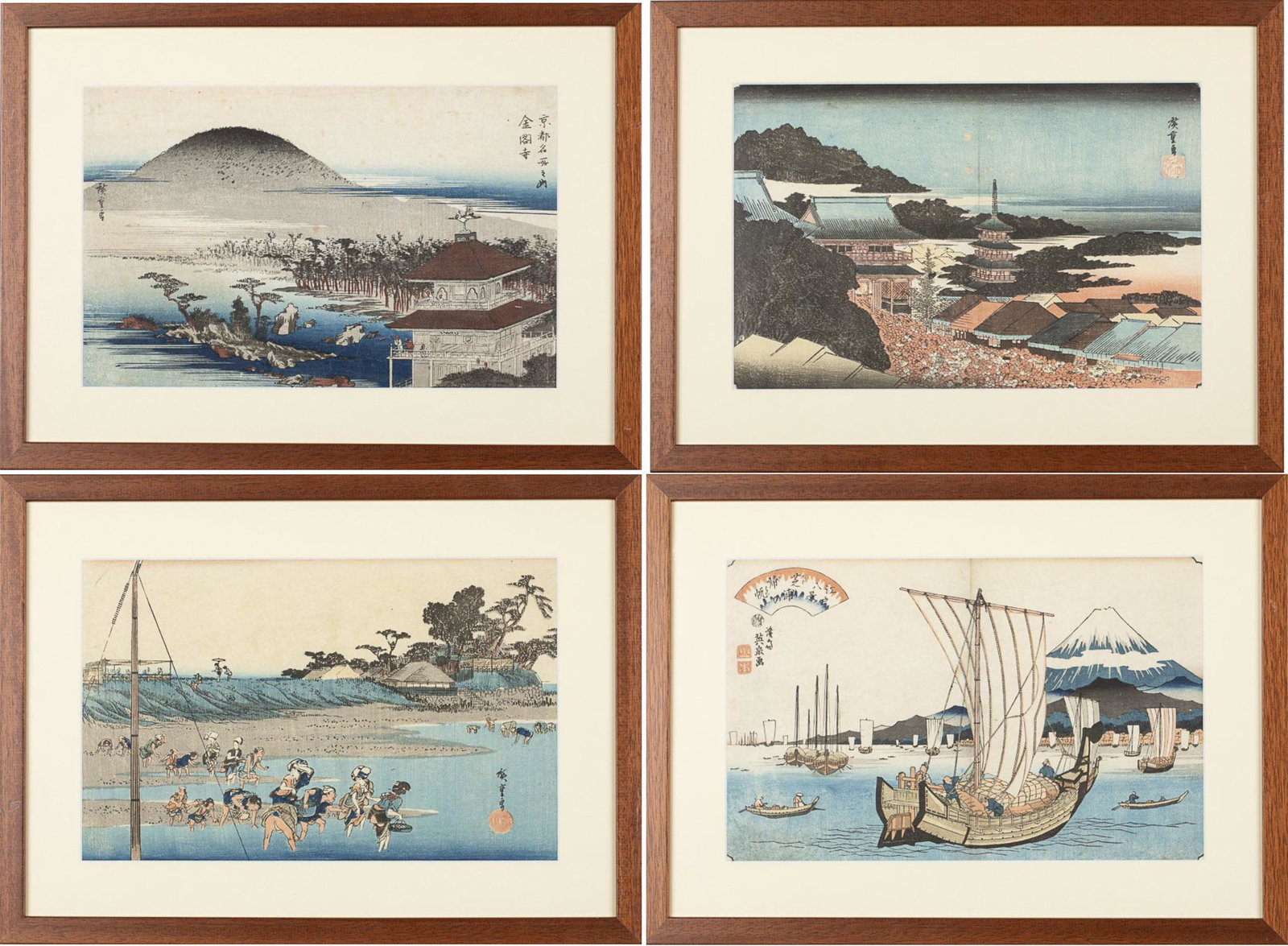 3 Utagawa Hiroshige Woodblock Prints and Another: 3 Utagawa Hiroshige Woodblock Prints and Another, comprising three Utagawa Hiroshige prints including Gathering Shellfish at Low Tide at Susaki, from the series Famous Places in Edo (diagonal crease m