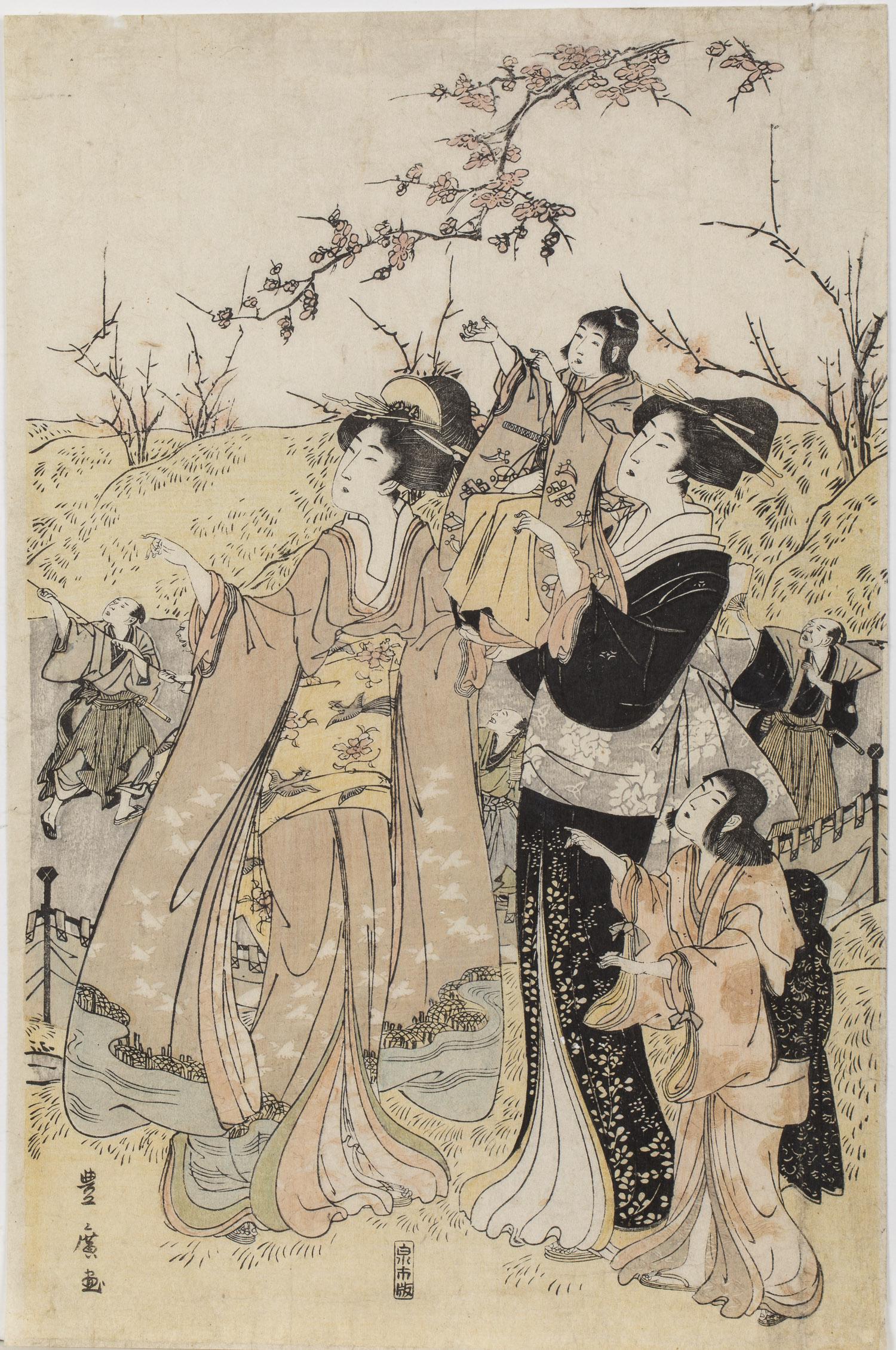 Toyohiro, 2 Panels from Plum Blossom Orchard Triptych: Utagawa Toyohiro, 2 Panels from Plum Blossom Orchard Triptych, (Japanese, 1763â€“1828), comprising the center and far right panel of a triptych. MEASURMENTS: Height: of panels 15 3/8