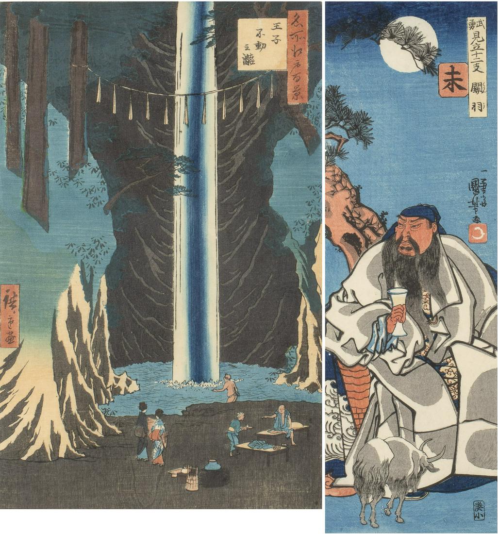 Two Woodblock Prints: Two Woodblock Prints, comprising Utagawa Kuniyoshi (Japanese, 1797-1861), Goat: Guan Yu, from the series Heroes Representing the Twelve Animals of the Zodiac (Frame size: 18 3/4 in. x 10 3/4 in., Sigh