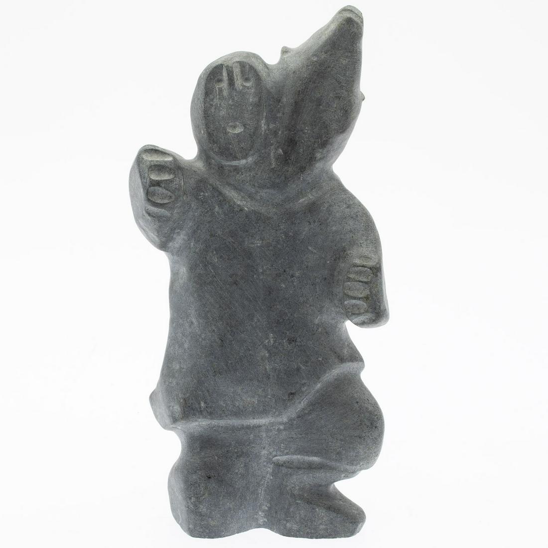 Willie Makjunik, Stone Figure with Bear Head: Willie Makjunik (Inuit, b. 1969), Stone Figure with Bear Head, titled 'Transformation', signed on the underside, with Canadian government igloo identification tag. MEASURMENTS: Height: 13 in. x Width: