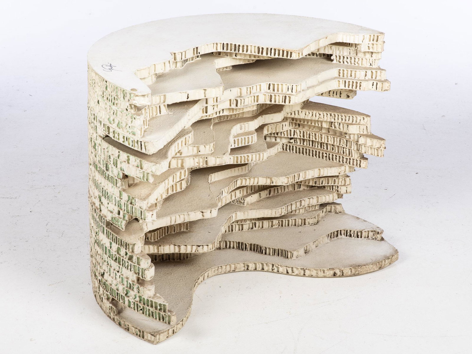 John Bucci, Painted Cardboard Sculpture: John Bucci, Painted Cardboard Sculpture, (Illinois, 1935-2019), signed, of semi-circular form. H. 26 in. x W. 35 in. x D. 26 in. John Bucci, who worked from a studio in Chicago, created concept cars, 