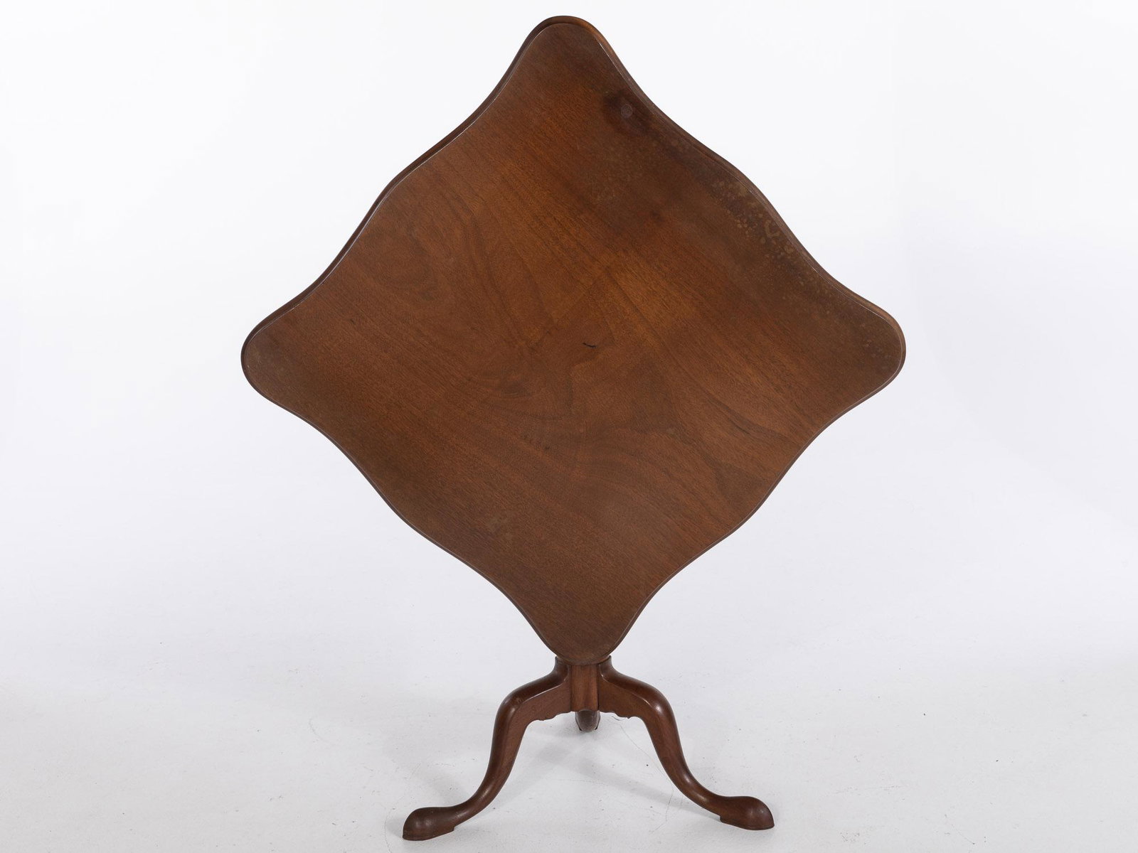 Queen Ann Tilt Top Table, 18th C.: Queen Ann Tilt Top Table, 18th C., the scalloped edged square top on a turned urn-form standard raised on cabriole legs ending in snake feet. MEASURMENTS: Height: 30 in. x Width: 32 in. x Depth: 31 in