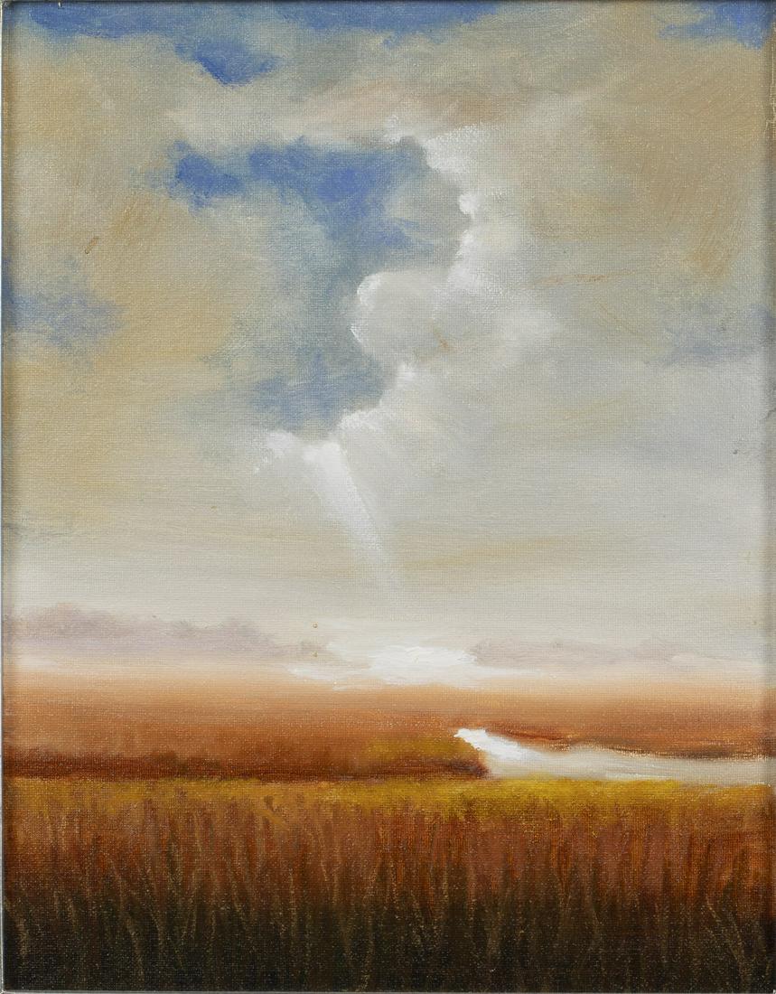 Larry Levow, Glimmer of Hope, Oil on Canvas: Larry Levow, Glimmer of Hope, Oil on Canvas, (Savannah, b 1934), signed and titled by artist on back, depicting a marsh landscape with sunlight shining through the clouds, in a silvered wood frame. Fr