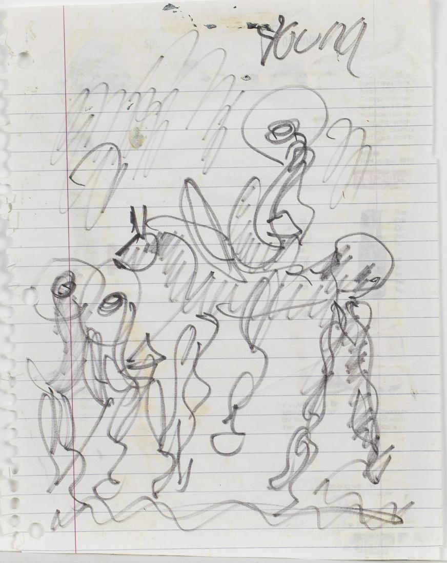 2 Purvis Young Drawings on lined Paper: 2 Purvis Young Drawings on lined Paper, (Florida, 1943 - 2010) both signed 'young' top right, depicting figures on houses, with collage paper on verso, unframed. Provenance: purchased Who Fest, c. 200