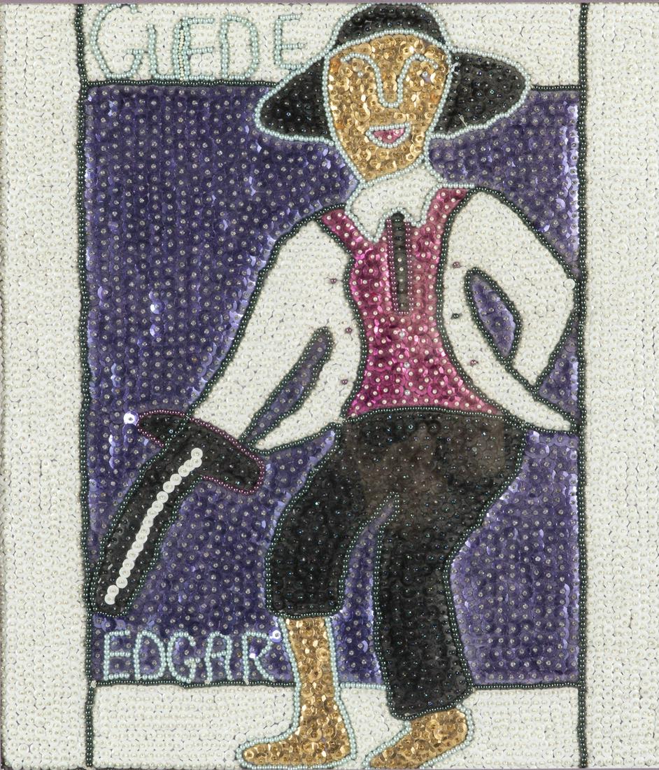 Small Haitian Voodoo Sequined Flag: Small Haitian Voodoo Sequined Flag, the figure within a white border, matted and framed. Frame size: 22 in. x 20 in. MEASURMENTS: Height: by sight 16 in. x Width: 14 in.