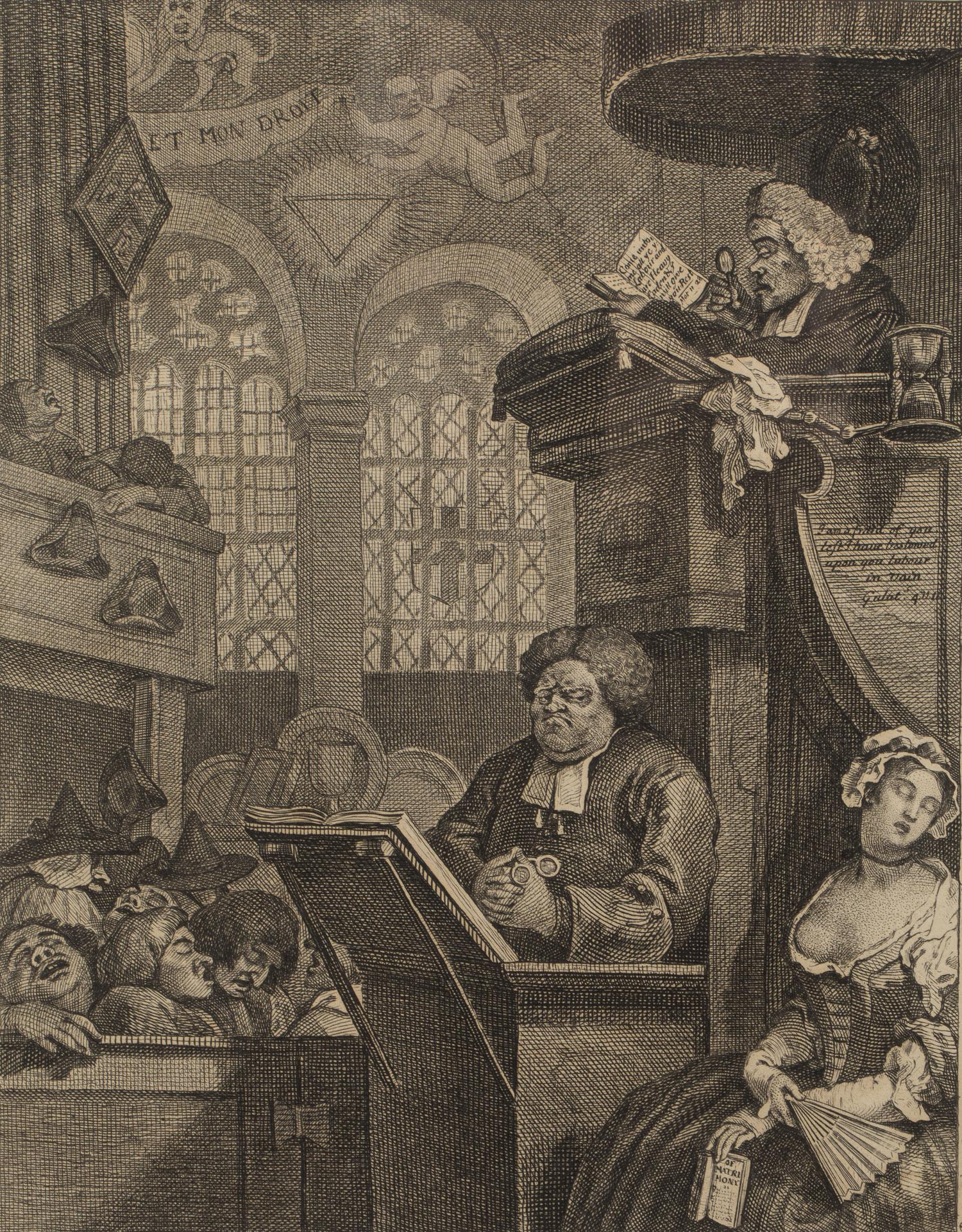 William Hogarth, Church Service, Engraving, 1736: William Hogarth, Church Service, Engraving, 1736, (British, 1697-1764), a congregation dozes during a church service as the clergyman reads from the gospel and his clerk, sitting below the pulpit, eye
