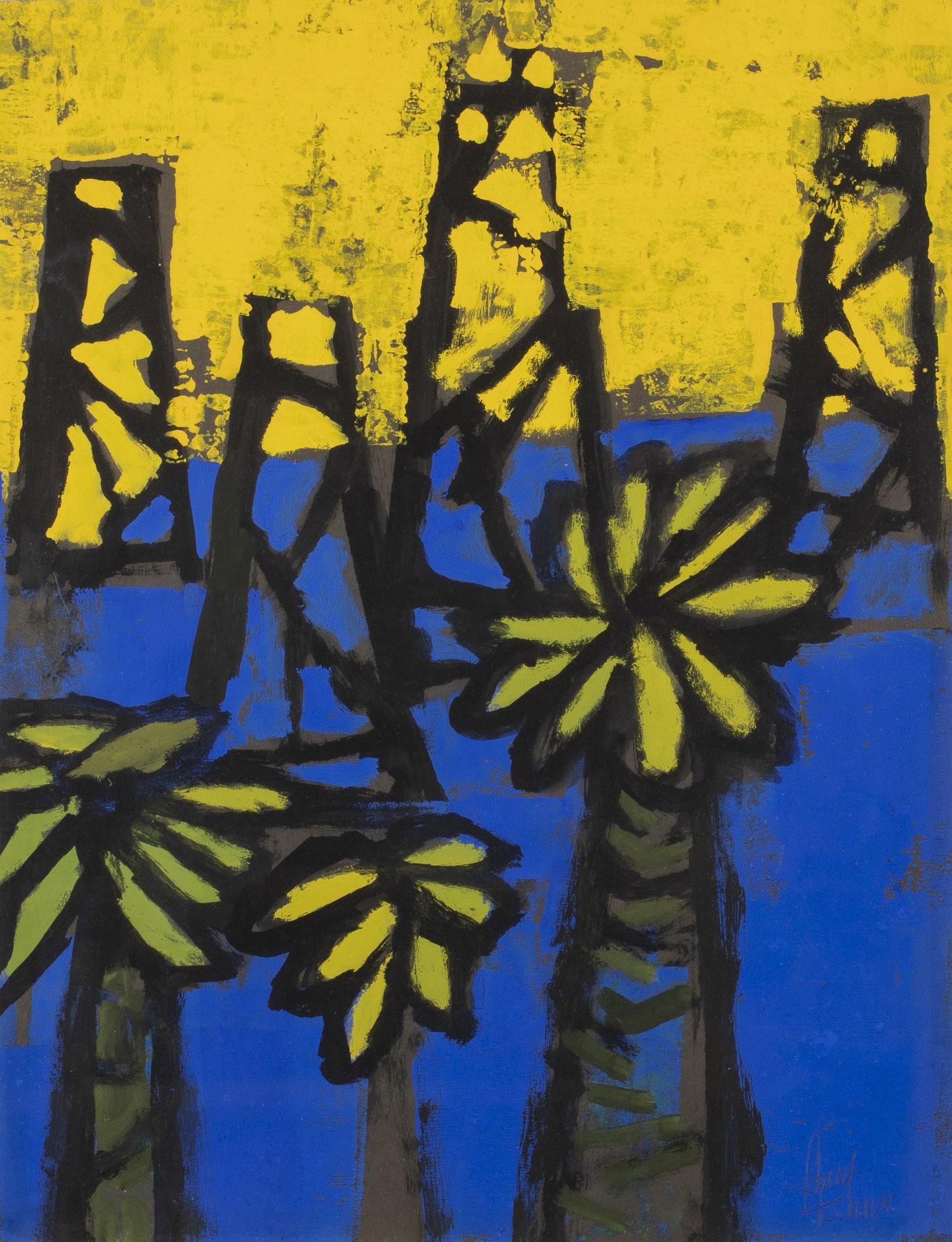 Harry Dunn, Palm Trees, Tempera on Paper: Harry Dunn, Palm Trees, Tempera on Paper, (Pennsylvania, 1929-1988) pencil signed lower right, depicting palm trees on a blue and yellow background, floating in a wood frame. Frame size: 29 3/4 in. x 