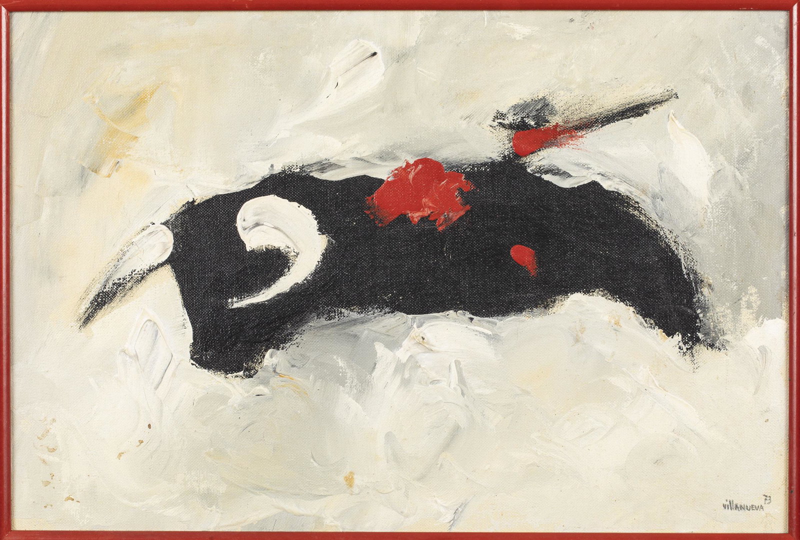 Jose Villanueva, Bull, Oil on Canvas: Jose Villanueva, Bull, Oil on Canvas, (Spain, 1941-2018), signed and dated '71 lower right, depicting an abstract black bull with red accents, in a wood frame. Frame size: 13 1/2 in. x 19 1/2 in. MEAS