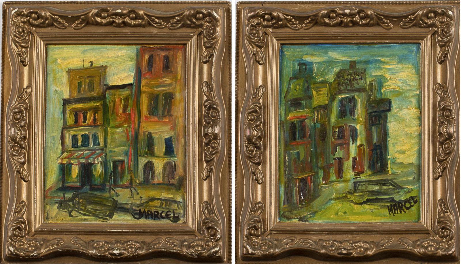 Pair of European Street Scenes, Oil on Board: Pair of European Street Scenes, Oil on Board, both signed 'Marcel' lower right, depicting building lined streets with parked cars, in composite frames. Frame sizes: 13 3/4 in. x 11 7/8 in. MEASURMENTS
