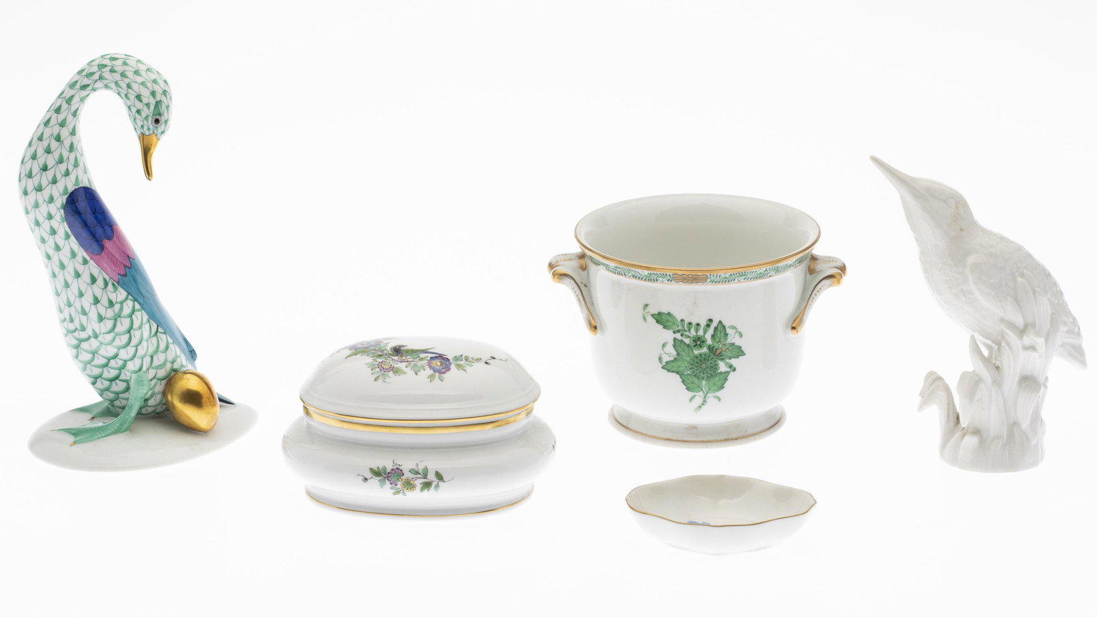 Group of Herend and Meissen Porcelain: Group of Herend and Meissen Porcelain, comprising a Herend duck, Herend small planter, Royal Berlin white bird, Meissen oval lidded box and small Meissen dish. MEASURMENTS: Height: of duck 7 1/2 in. x