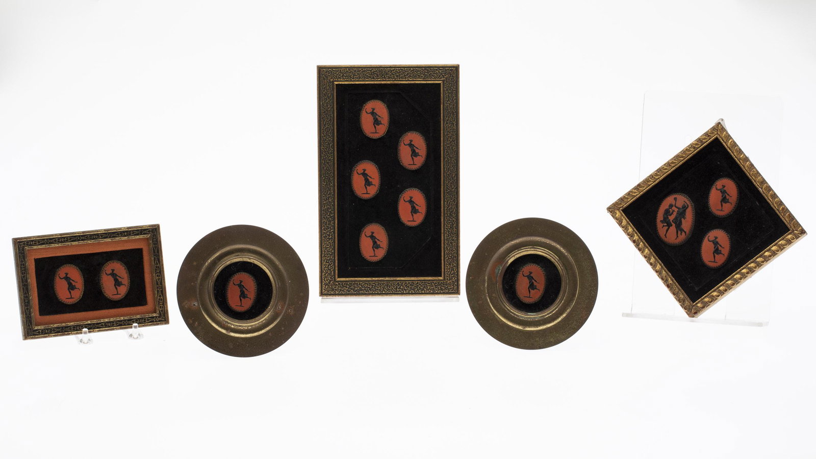 5 Jasperware Egyptian Style Mounted Plaques: 5 Jasperware Egyptian Style Mounted Plaques, comprising 12 Jasperware style plaques mounted in black velvet in a large, rectangular giltwood frame, small rectangular giltwood frame, a small diamond sh