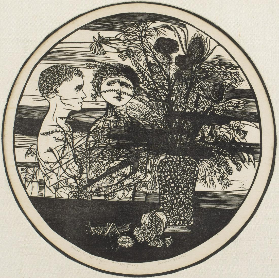Leonard Baskin, Children and Still Life, Woodcut: Leonard Baskin, Children and Still Life, Woodcut, 1956, (Massachusetts/New York, 1922 - 2000) signed, titled, and inscribed 'Artists Proof' lower edge, depicting a vase of flowers, fruit, and a grassh