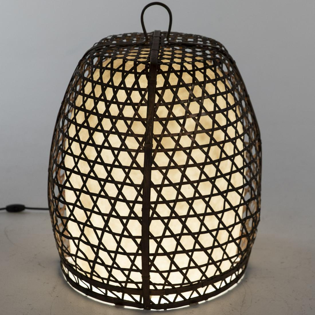 Large Woven Copper Light Fixture: Large Woven Copper Light Fixture, with plastic insert. MEASURMENTS: Height: 29 in. x Width: 22 in. x Depth: 22 in.