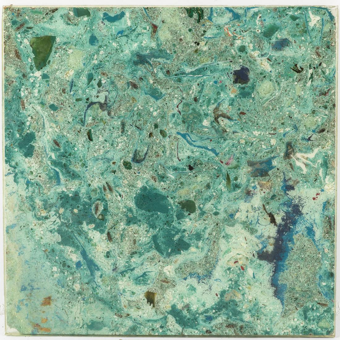 John Bucci, Resin and Mixed Media Table Top: John Bucci, Resin and Mixed Media Table Top, (Illinois, 1935-2019), in tones of turquoise, green and sand. H. 1 1/8 in. x W. 34 1/2 in. x D. 34 1/2 in. John Bucci, who worked from a studio in Chicago,