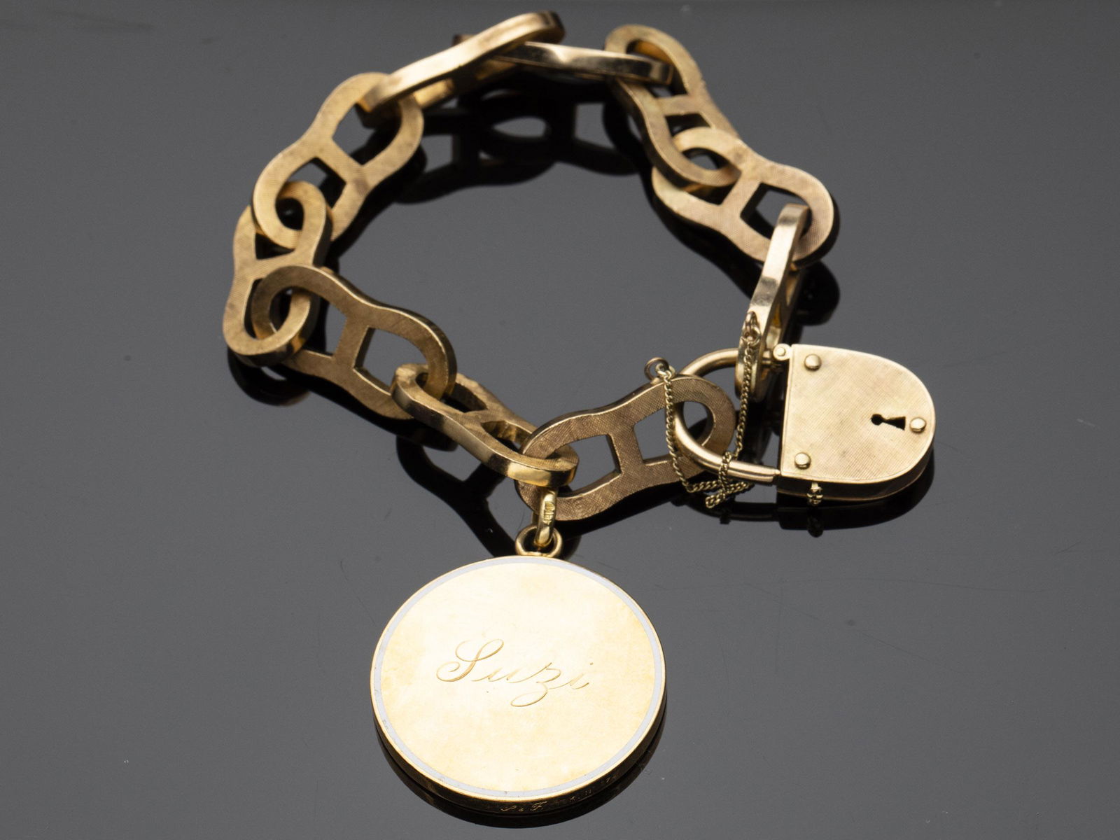 18K Gold Link Bracelet with Charm and Lock (1 of 9)