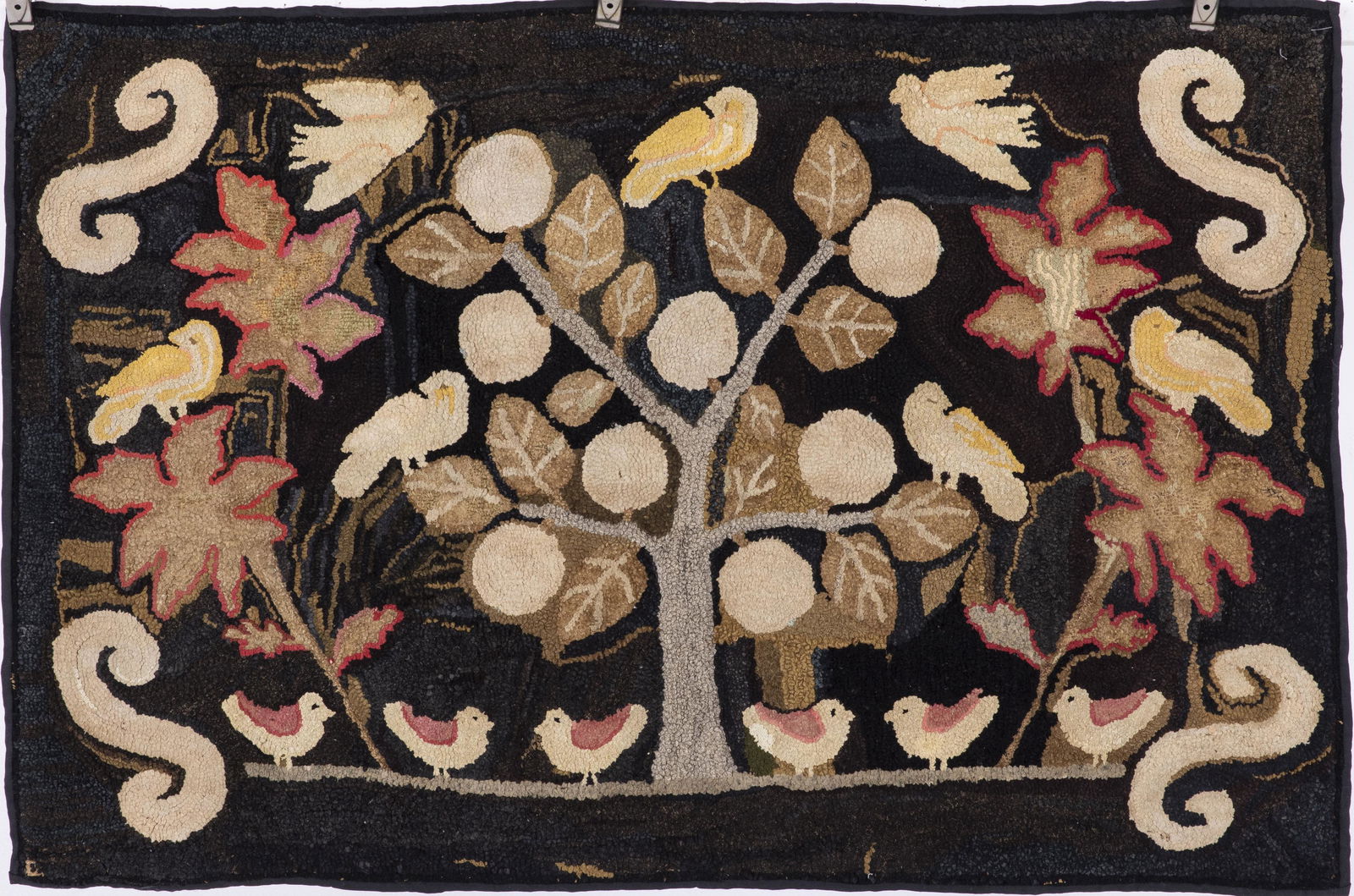 Pictorial Hooked Rug with Large Fruit Tree & Birds (1 of 8)