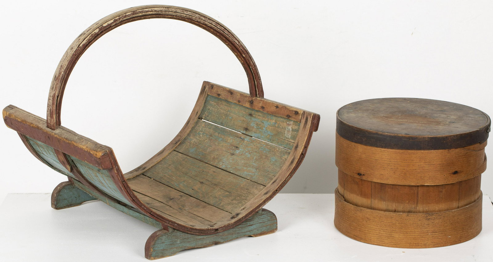 American Blue & Red Log Holder & Bentwood Pantry Box: Property from a Private Collection, New England Description: American Blue and Red Log Holder and Bentwood Pantry Box, the wood log holder with blue and red painted surface, Provenance: Nancy Prin