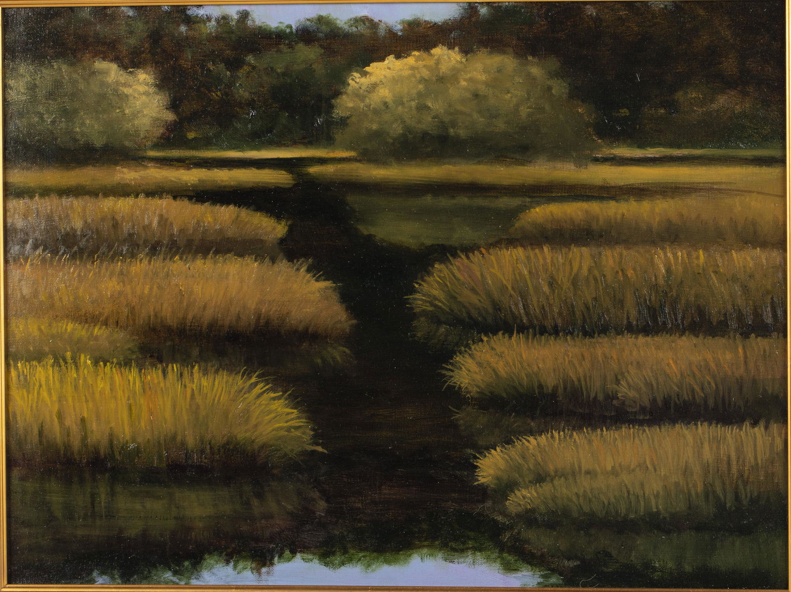 Larry Levow (Savannah, b. 1934 ), Moody Marsh, O/C: Description: Larry Levow (Savannah, b. 1934 ), Moody Marsh, Oil on Canvas, depicting a dark marsh scene with trees and bushes in the distance, signed and titled on verso, in a giltwood frame. Fra