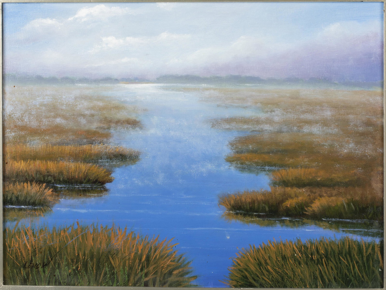 Larry Levow (Savannah, b 1934 ), Rolling In, O/C: Description: Larry Levow (Savannah, b 1934 ), Rolling In, Oil on Canvas, signed lower left, depicting a foggy marsh with thunderclouds, signed and titled on verso, in a silvered wood frame. Frame