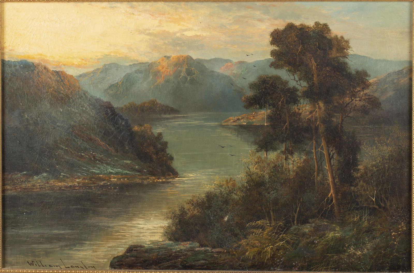 William Langley, Landscape with River, O/C: Property of a Bluffton, SC Estate Description: William Langley (British, 1852-1922), Landscape with River and Mountains, Oil on Canvas, signed lower left, depicting river with mountains in the dis
