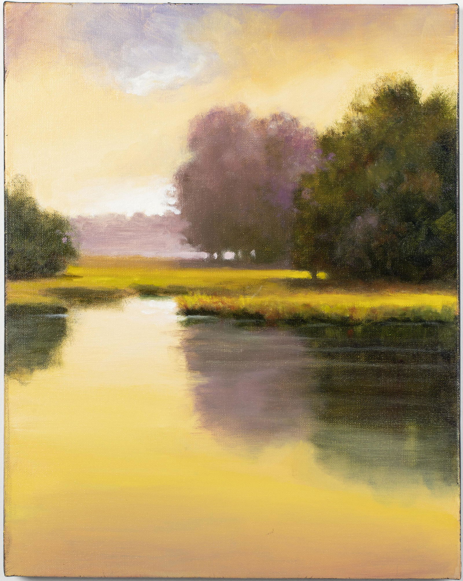 Larry Levow (Savannah, b 1934 ) On Golden Marsh, O/C: Description: Larry Levow (Savannah, b 1934 ), On Golden Marsh, Oil on Canvas, depicting a marsh scene with yellow, orange, and pink sky, signed and titled on verso, unframed. Measuremen