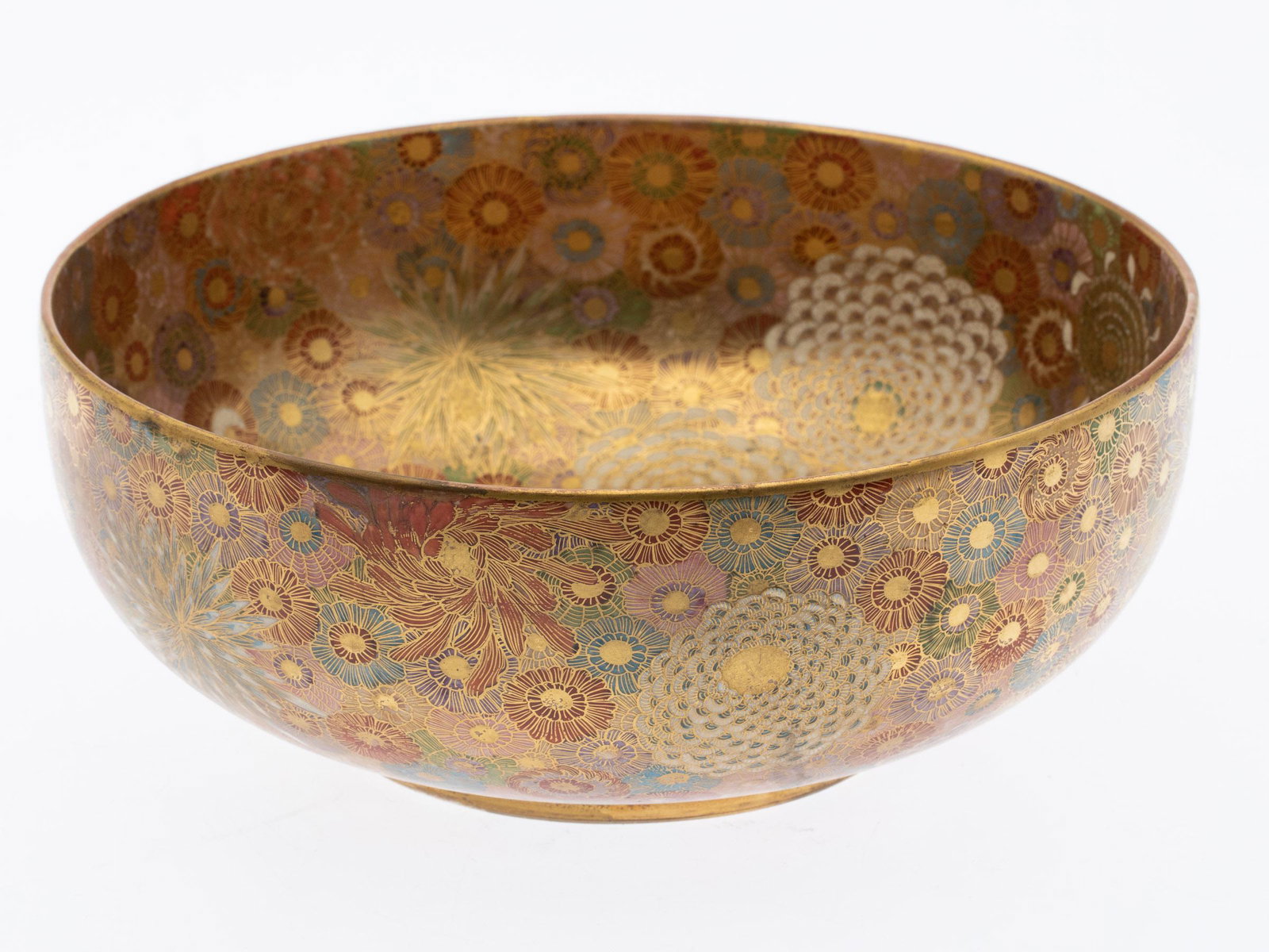 Satsuma 9 1/2 in. Bowl: Property from the Collection of Angelo Cassimus of Cass-Garr Antiques, NOLA Description: Satsuma 9 1/2 in. Bowl, decorated in mille-fleur motif, marked in black and gold on base. Measure