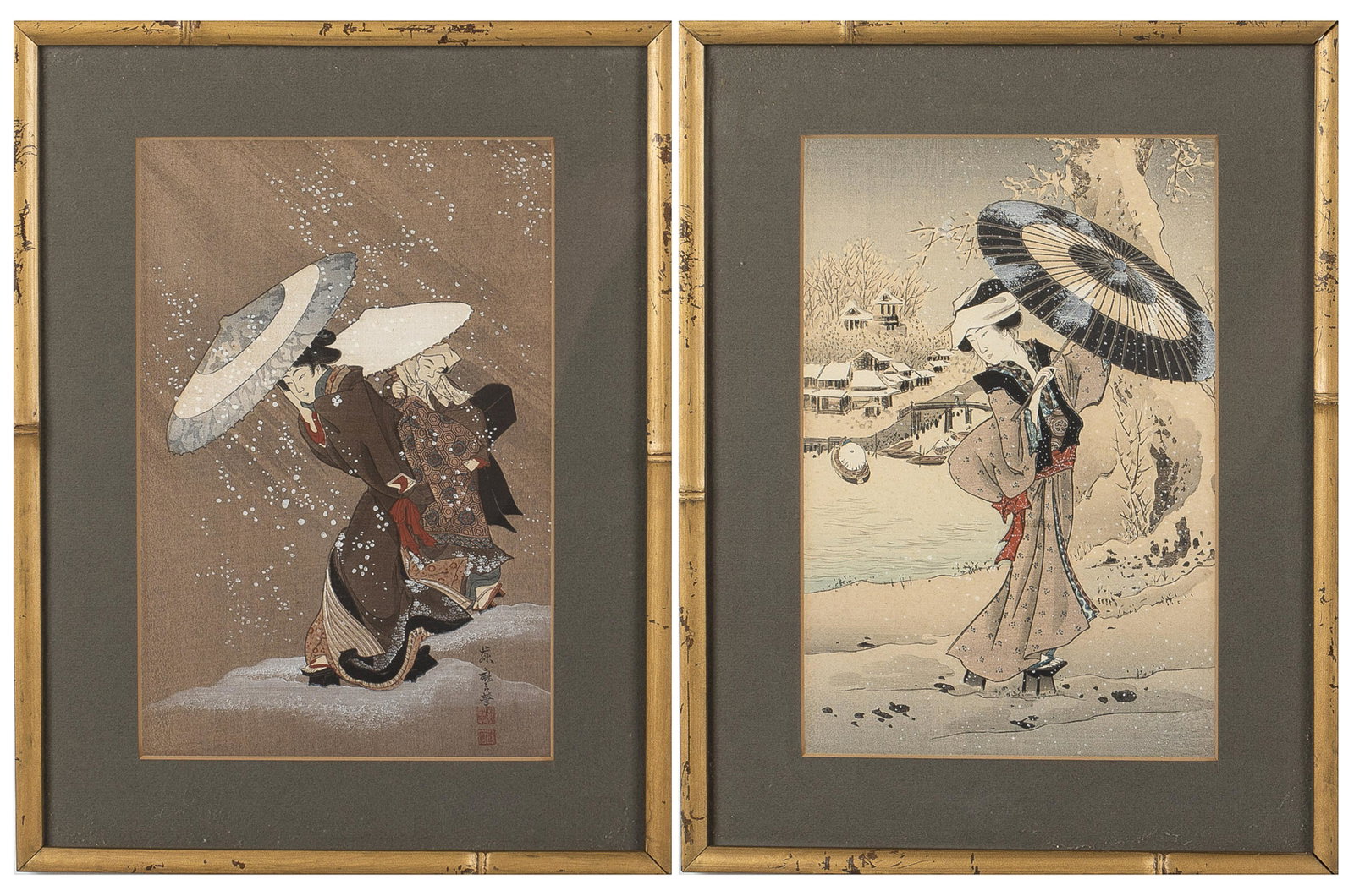 Kitagawa Fujimaro, Two Japanese Woodblock Prints: Property from a Private Collector, Jacksonville, FL Description: Kitagawa Fujimaro (Japan, 1790-1850), Two Japanese Woodblock Prints, comprising 'Outing in The Snow Storm' depicting two women with