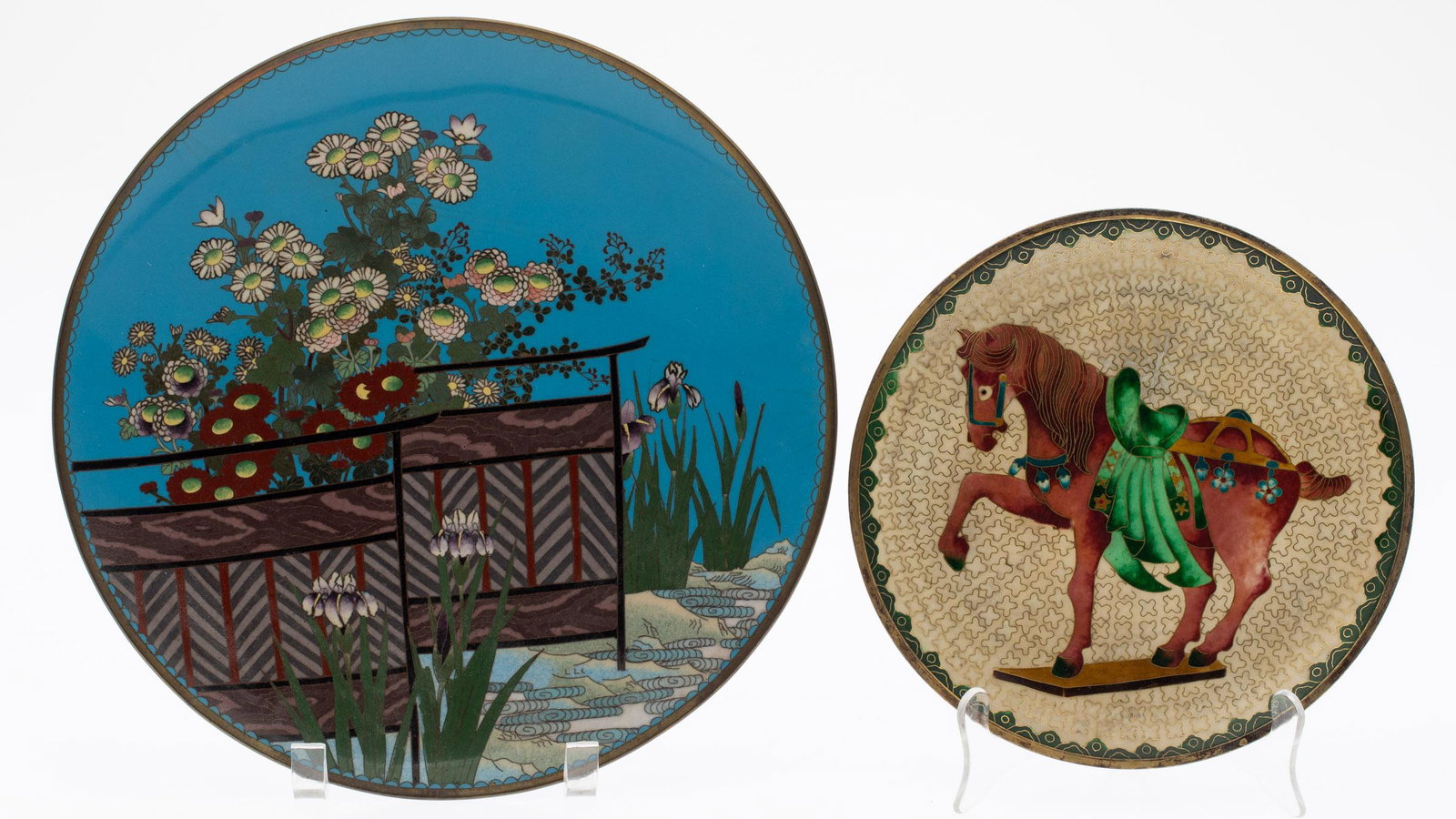 Cloisonne Charger and Cloisonne Plate: Property from the Collection of Angelo Cassimus of Cass-Garr Antiques, NOLA Description: Cloisonne Charger and Cloisonne Plate, comprising a Japanese cloisonne charger decorated with flowers and w