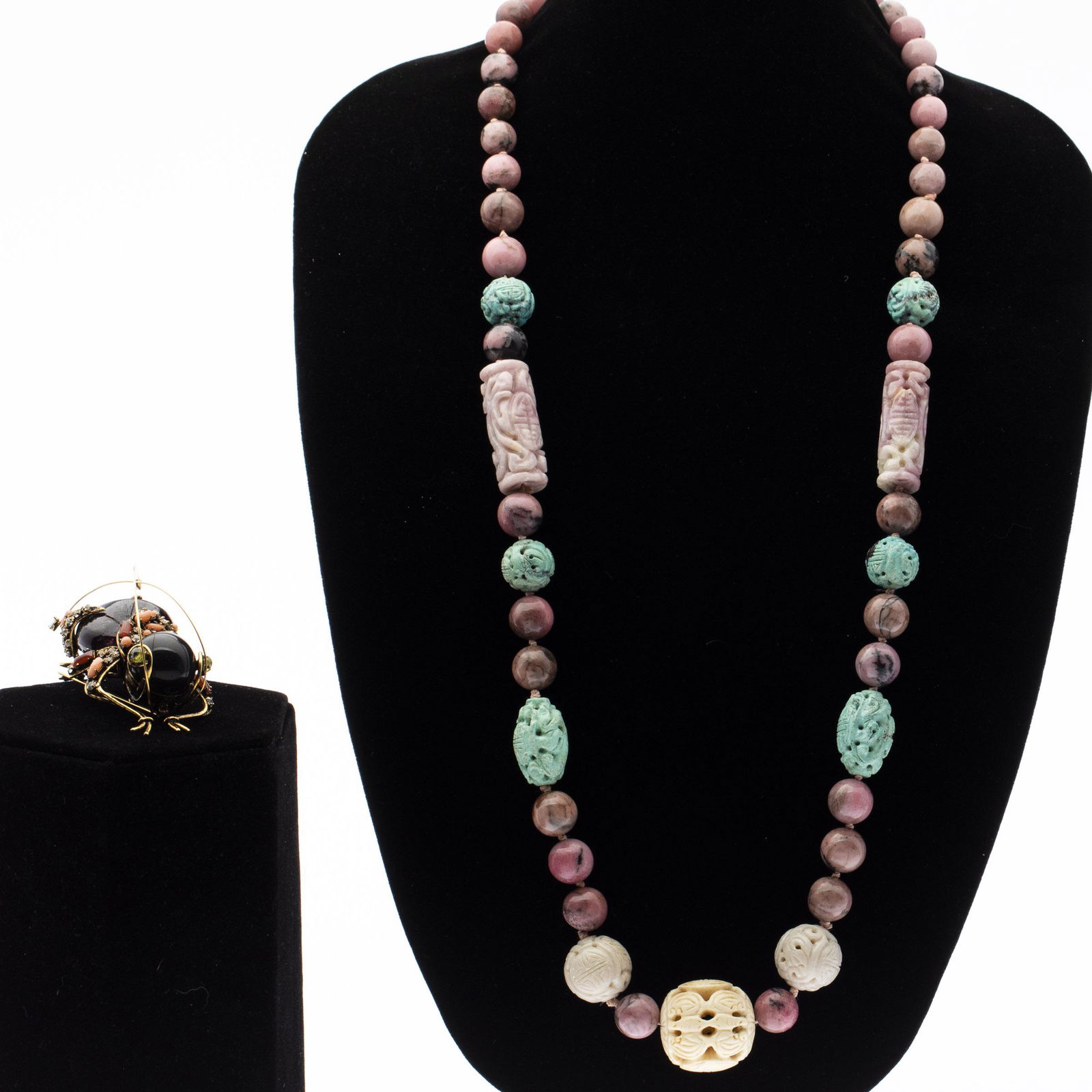 Chinese Hardstone Necklace and Costume Bug Pin (1 of 9)