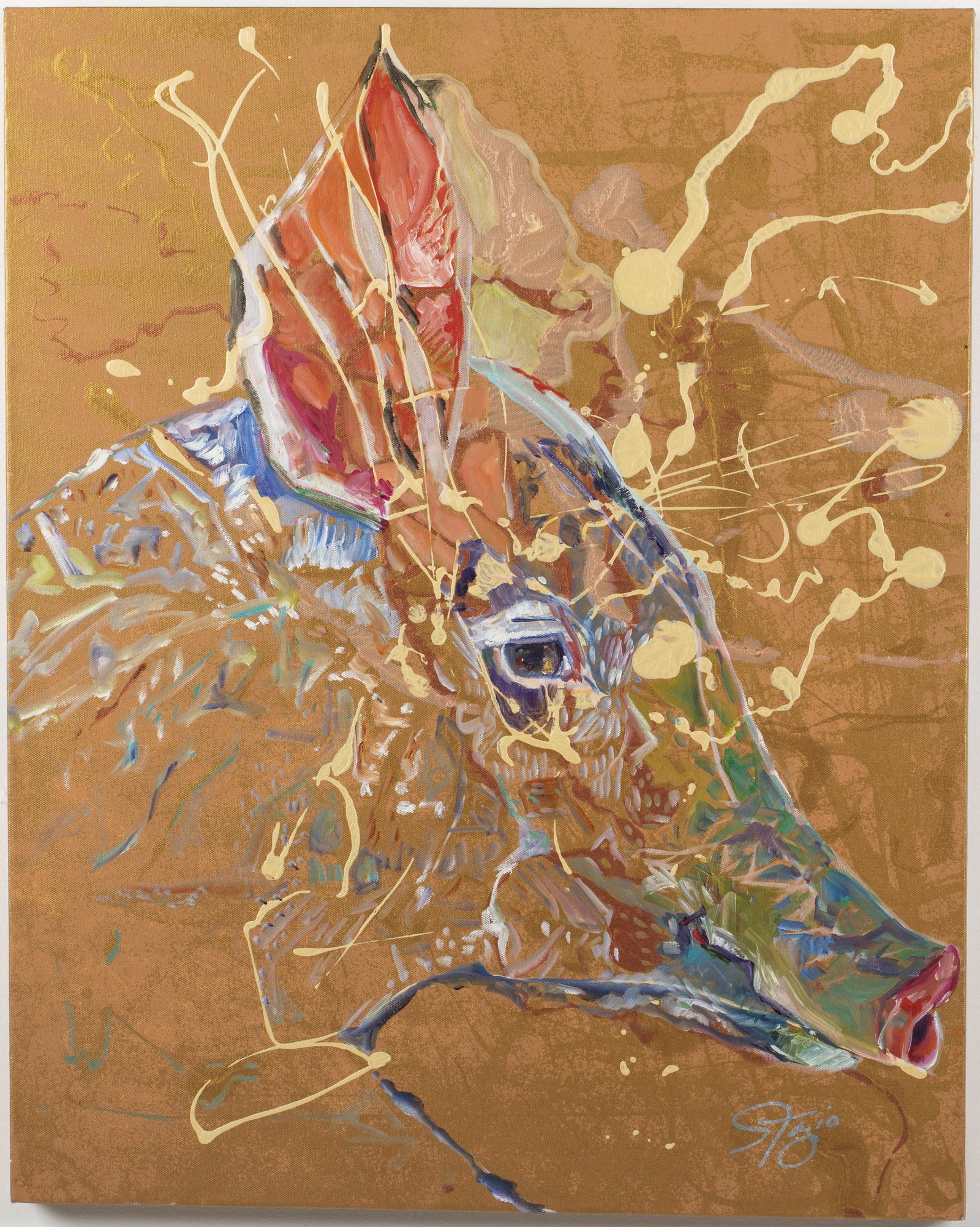 Sue Fazio (NC, 20th/21st C), Pig, Oil on Canvas: Property from a Private Collection Ponte Vedra, FL Description: Sue Fazio (NC, 20th/21st C), Pig, Oil on Canvas, signed lower right, depicting a multicolored pig on a gold background, unframed.