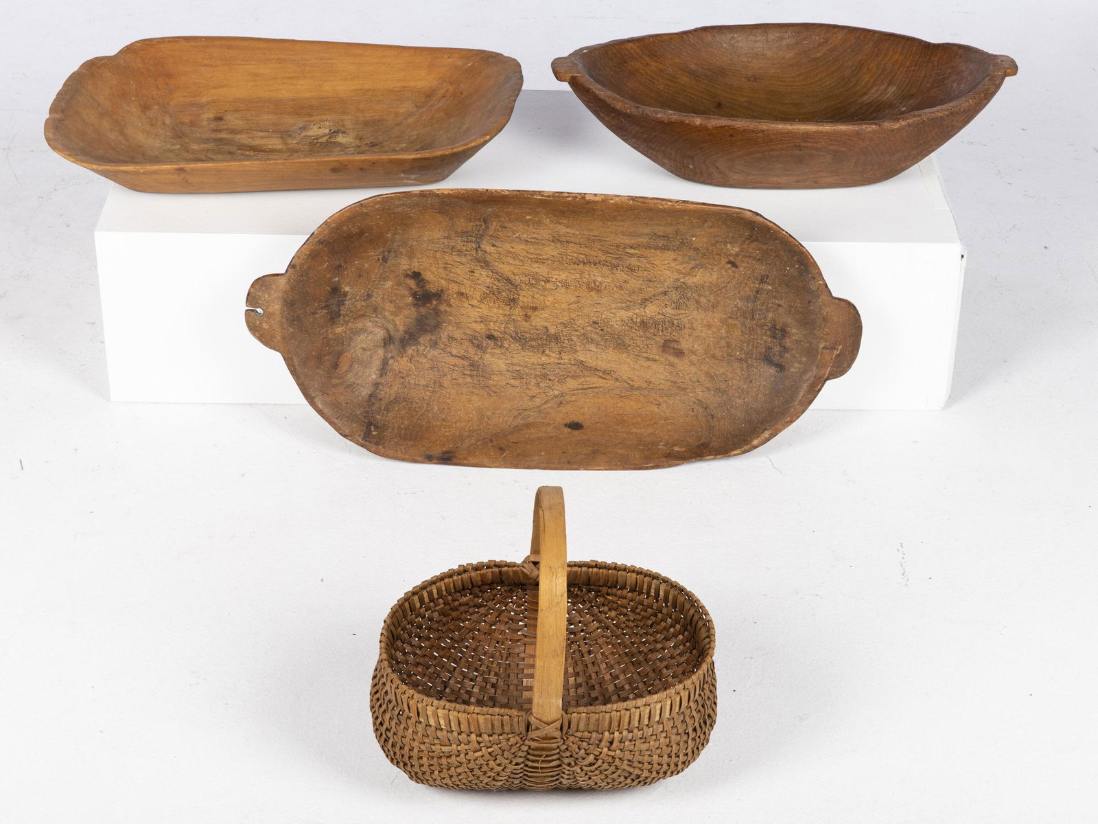 American Woven Basket and 3 Wooden Dough Bowls (1 of 9)