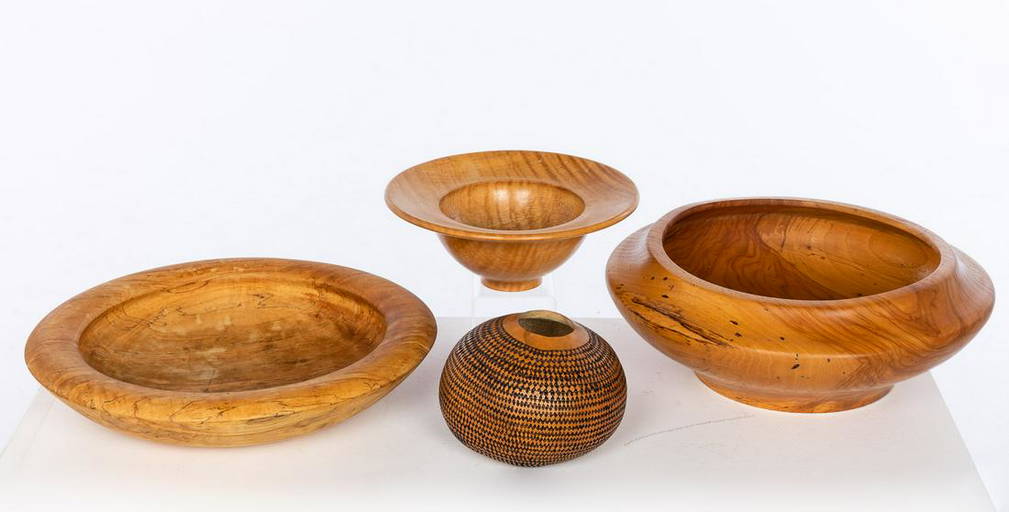 Three Turned Wood Bowls And A Chip Carved Vessel