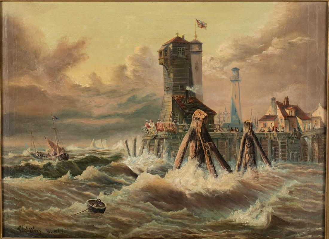 Hubert Coafrey, Pier and Lighthouse Scene, O/C, 1917 (1 of 15)