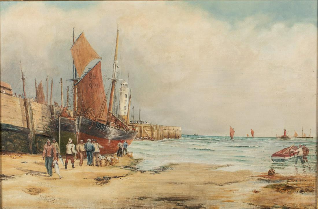 Illegibly Signed, Harbor with Lighthouse, O/C, 1885 (1 of 15)