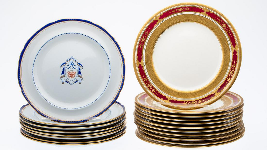 11 Coalport Plates and 8 Spode Plates: Property from the Estate of a Gentleman, Kennebunkport, ME and Jacksonville, FL Description: 11 Coalport Plates and 8 Spode Plates, the pink and gold plates marked 'England, Coalport, A.D. 1750' a