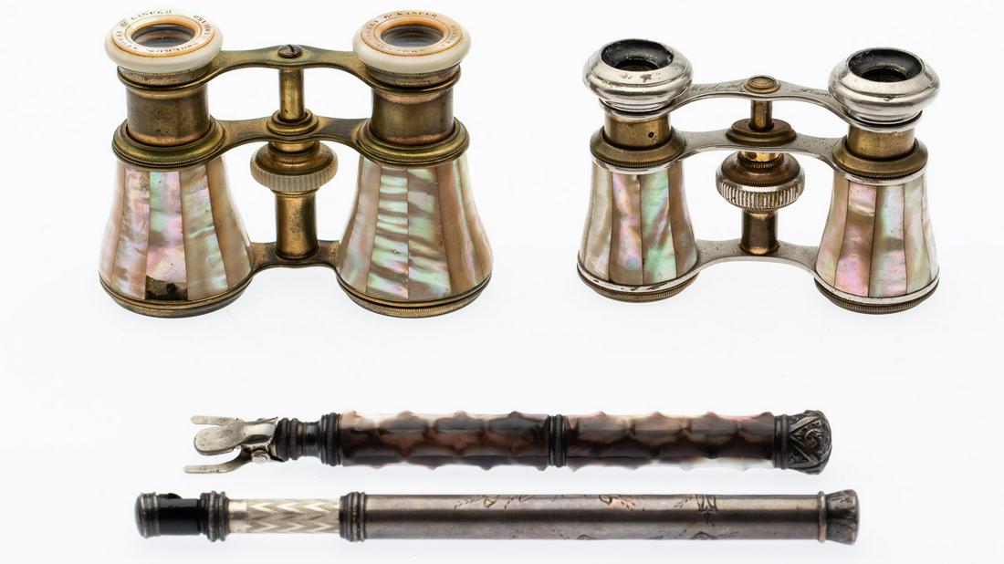 Two Mother of Pearl Opera Glasses: Property of a Florida Collector Description: Two Mother of Pearl Opera Glasses, one marked 'Shords Storey and Kasper, Chicago' and with monogram on the base (chip to mother-of-pearl), the other ma