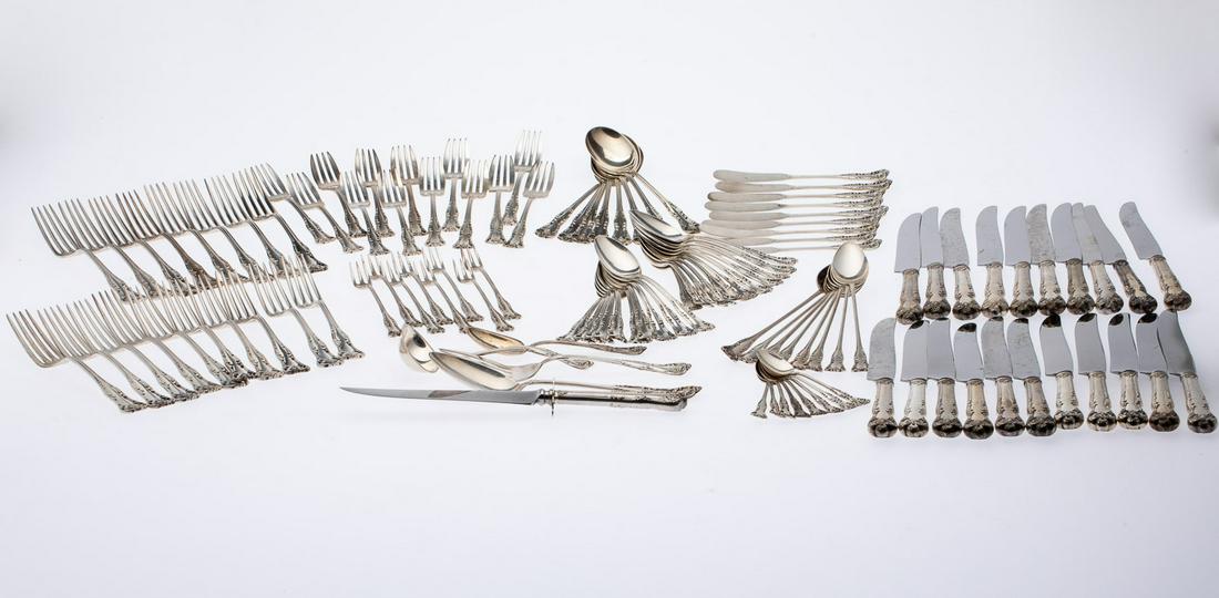Dominick & Haff Sterling Silver Flatware Set, 119 pc: Property from a Private Collector, Atlanta, GA Description: Dominick and Haff Sterling Silver Flatware Set, 119 pcs., comprising 18 dinner forks, 13 salad forks, 21 dinner knives, 9 butter knives,