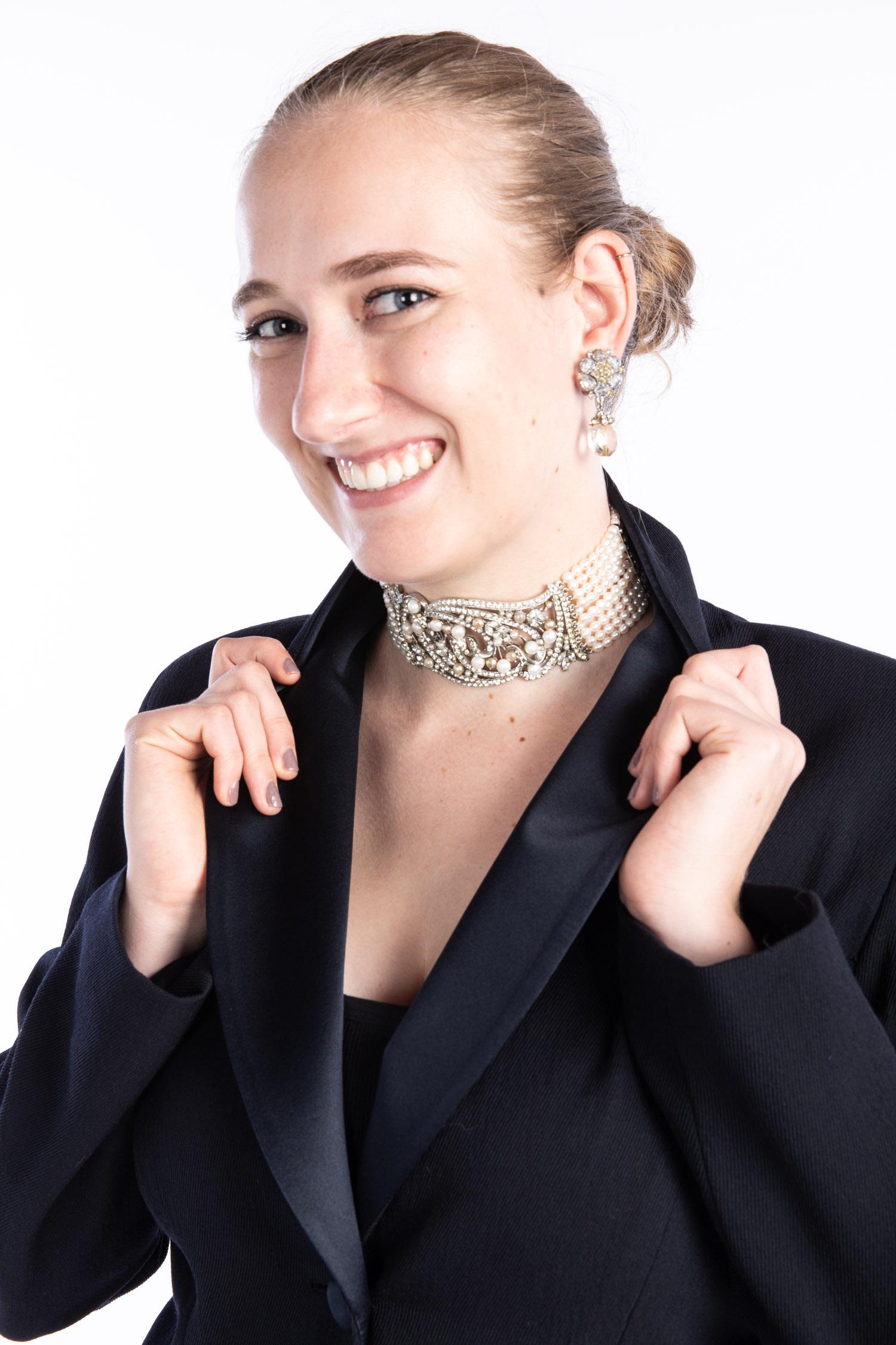 Jose and Maria Barrera Collar and Earrings: Clothing and Accessories from the Estate of Jeanne Robertson Description: Jose and Maria Barrera Collar and Earrings, the collar with white crystals and multistrand pearls with hook clasp, marked