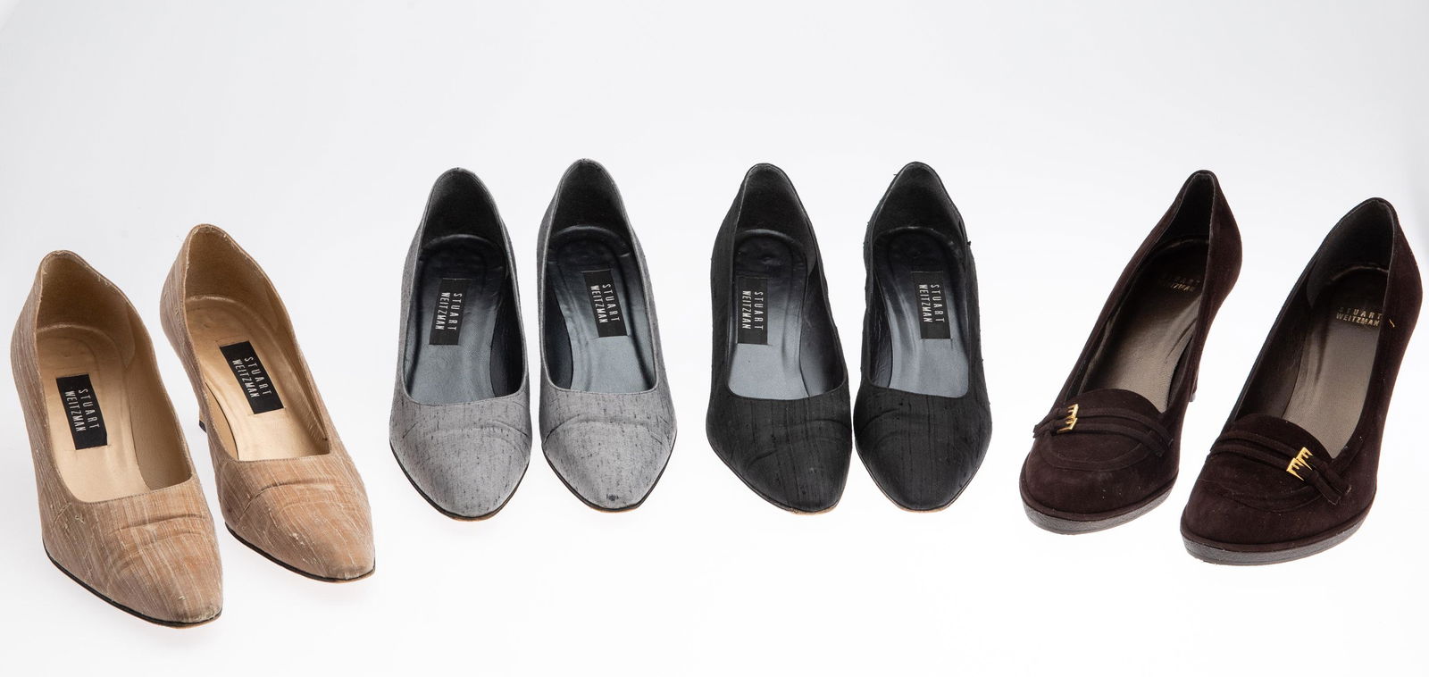 4 Pairs of Stuart Weitzman Shoes, Size 11: Clothing and Accessories from the Estate of Jeanne Robertson Description: 4 Pairs of Stuart Weitzman Shoes, Size 11, comprising black chantung pumps size 11 M (3 in. heel), gray chantung pumps wit