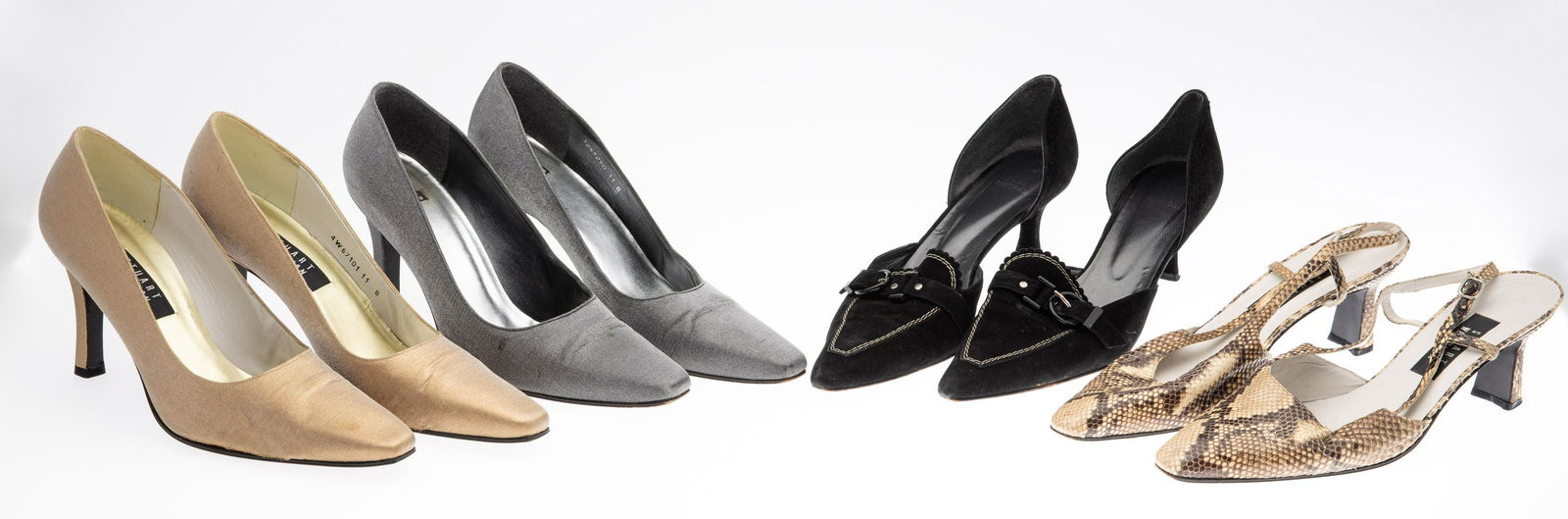 4 Pairs of Stuart Weitzman Shoes, Size 11: Clothing and Accessories from the Estate of Jeanne Robertson Description: 4 Pairs of Stuart Weitzman Shoes, Size 11, comprising a silver metallic pump with 3 1/2 in. heel, size 11B (slight creasin